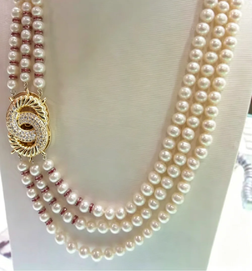 3-Row/Natural Pearl Necklace AAAA8-9mm Japanese White Pearl Necklace 16-17-18in/18-19-20in