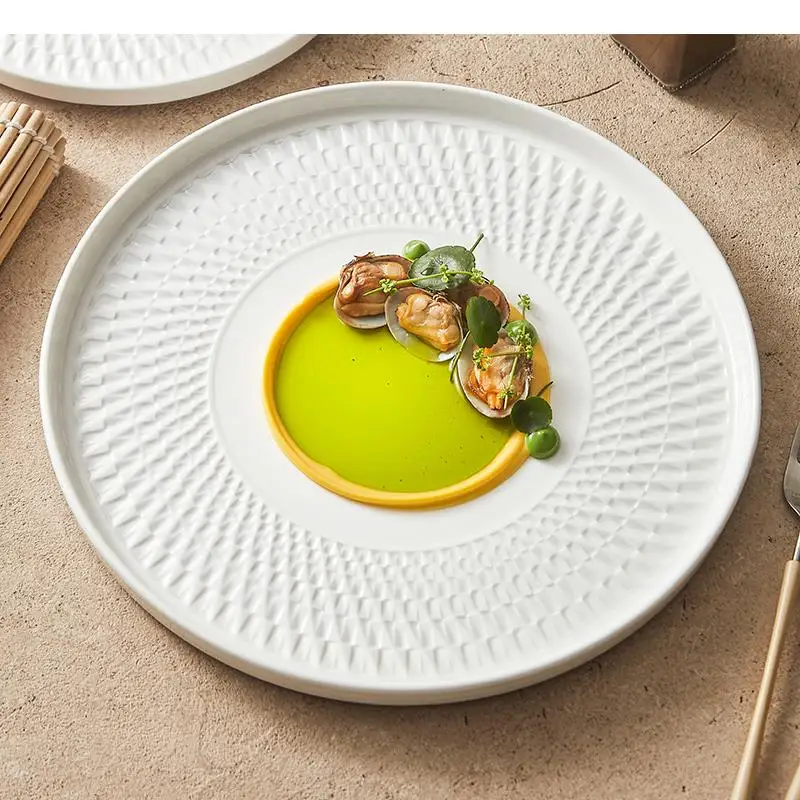 

Relief Texture Ceramic Straight Plate Restaurant Steak Serving Dessert Dim Sum Plates Specialty Tableware