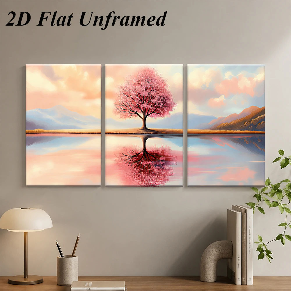 3PCS Large-sized frameless canvas paintings,1 set of pink cherry blossom tree triptych frameless decorative painting, modern and