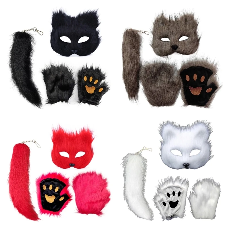 

YUYU Halloween Costume Set Foxes Tail Furry Gloves Foxes Face Cover Set Animal Tail Foxes Costume Dress Up Set Paws Gloves