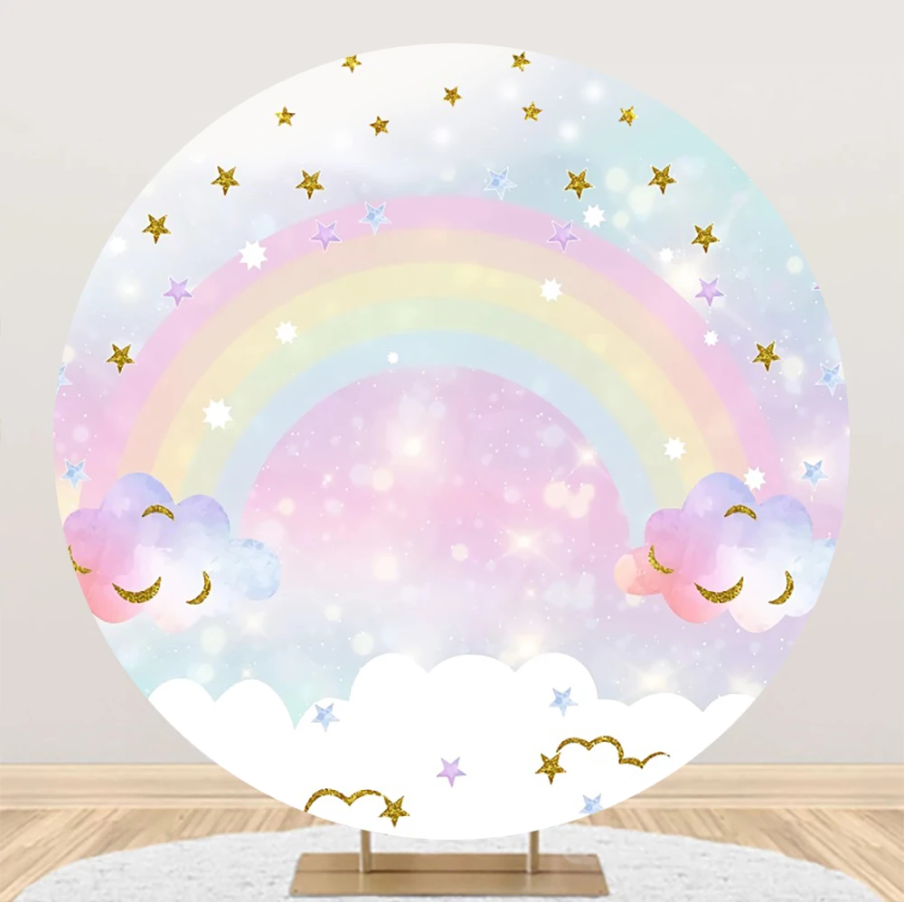 Boho Rainbow Baby Shower Round Backdrop Cover Blue Sky Clouds Boy Girl 1st Birthday Party Circle Photography Background Props