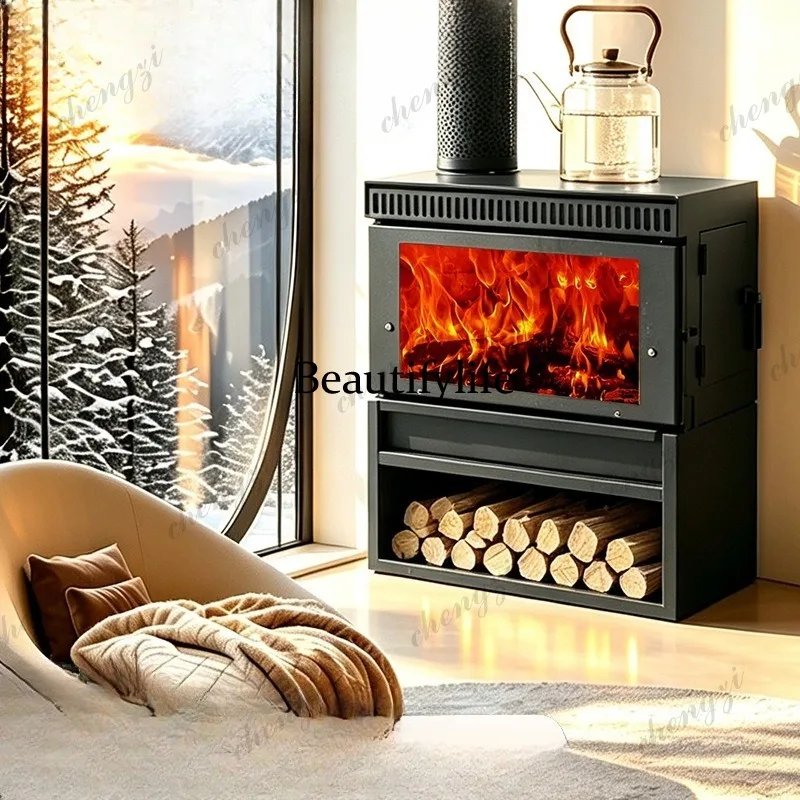 Thickened carbon steel wood-burning fireplace Household real fire heating furnace Glass double firewood mouth