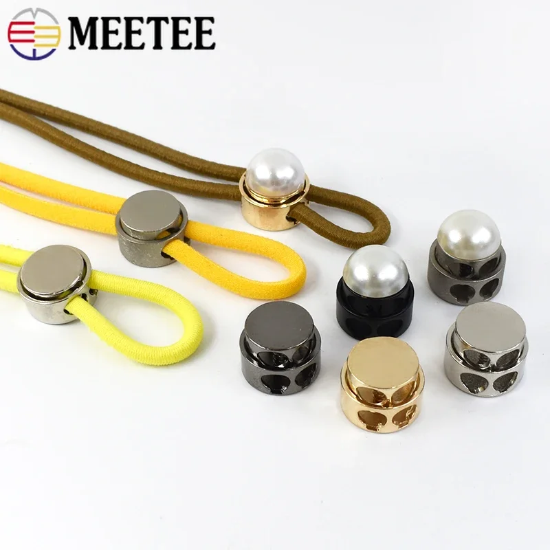 Meetee 30Pcs Metal Pearl Double Hole Stopper Buckles Spring Adjustment Cord Lock DIY Hat Rope End Decoration Elastic Snap Button