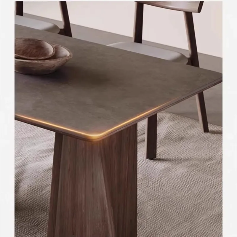 Luxury Creative Designer Wooden Dining Table High End Modern Dining Table With Rectangle Top Sintered Stone Dining Table Set