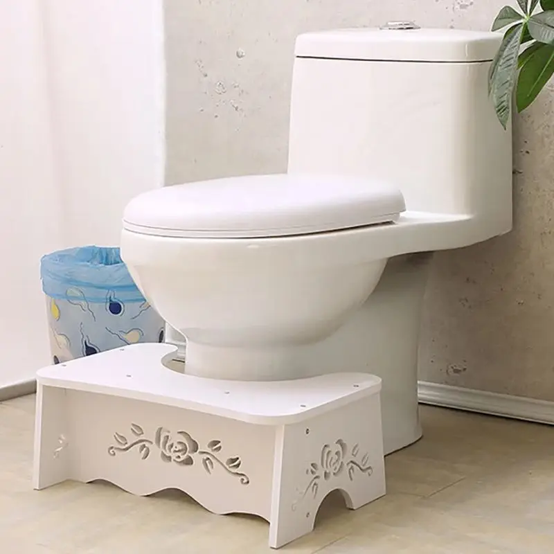 Bathroom Toilet Stool, 17.5cm Height, Wood Plastic Squatting Toilet Stool with Hollow Rose, Deer Pattern, White