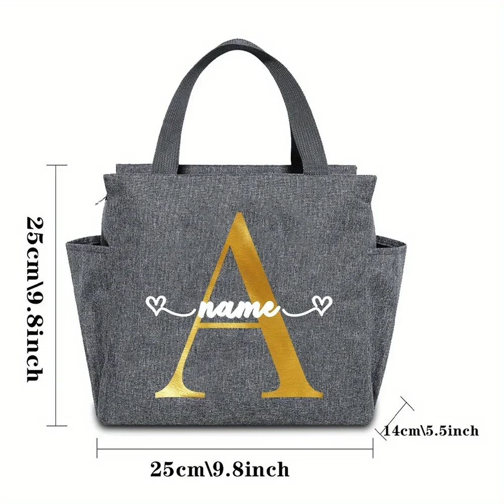 Customized Name Insulated Grey Lunch Bag Personalized Aluminum Foil Bento Gold Letter Lunch Bag Insulated Picnic Food Bag