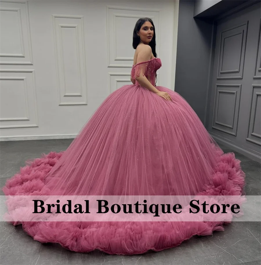 Luxury Dust Pink Puffy Beaded Quinceanera Dress 2024 Tassels Crystals Ruffles Beads Vestidos De 15 Quinceañera  Customized