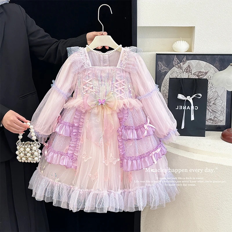 

Baby Girls Dress Kids Lolita Dresses Princess Long Sleeve Chiffon Skirt Girl Dress Toddler Spring&Autumn Vintage Skirt Size2-13Y