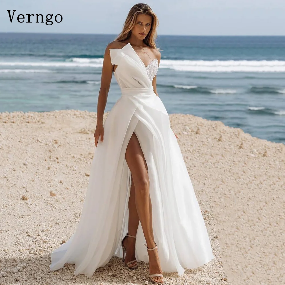 Verngo lvory Tulle Wedding Dress Pearls Sweetheart A Line Bridal Gowns Elegant Sweap Train Women Bride Dress Customized