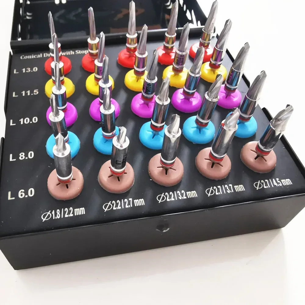 1Set Dentals Implants Conical Drills Surgical Black Coated Kit 25 Pcs With Stopper