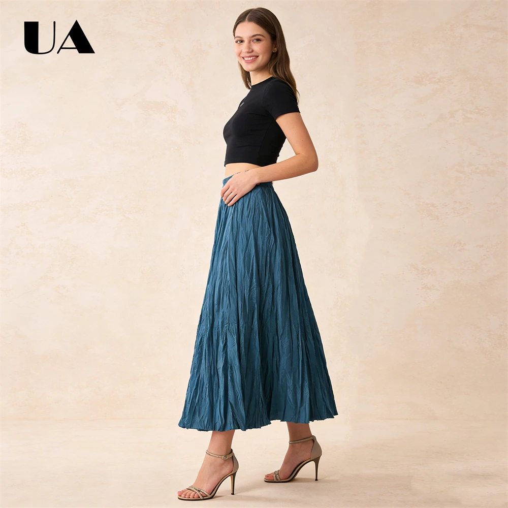 ULBYANRY One Size Flowing Pleated Skirt for Women Spring Autumn New Skirts, Elastic Waist 93cm Long Skirts