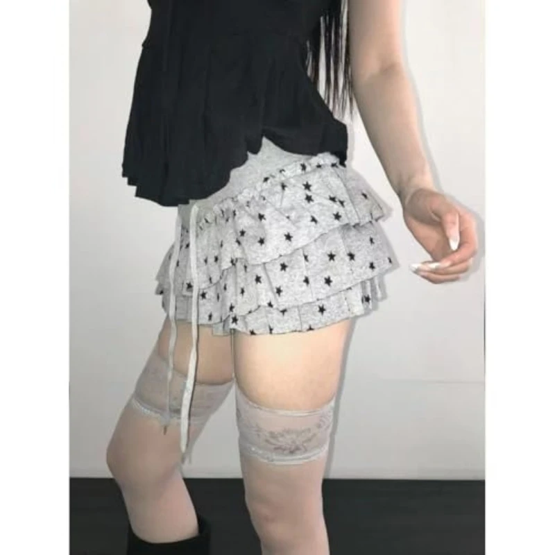 Y2k Star Print Sexy Women Summer Grunge Emo 2000s Acubi Mini Kawaii Ruffle Low Waist Korean Fashion Skirt Cutecore Alt Clothes