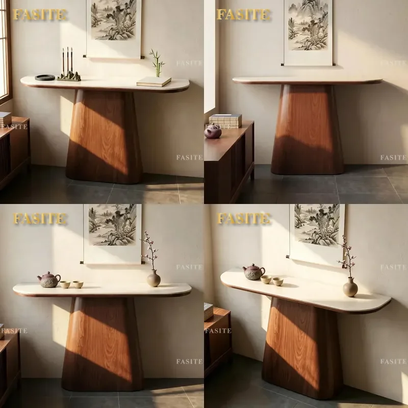 For Medieval Style Solid Wood Travertine Rock Slab Entryway Table Ultra Narrow Long Console Table for Corridor Wall Wabi Sabi