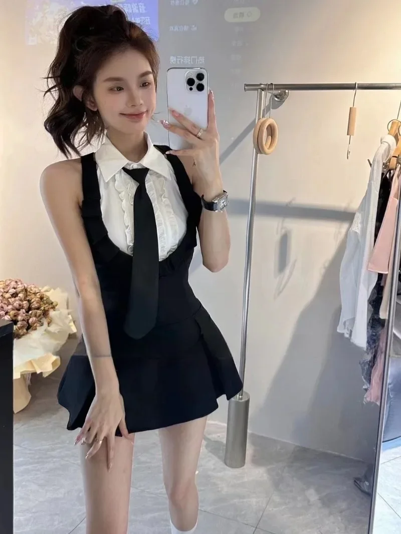 Miiiix Korean Sweet Fashion Academy Style JK Uniform Shirt Women's Waist Slimming Strap Dress Two Piece Set Female Clothing