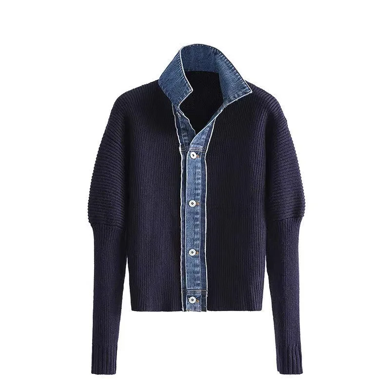 

Women Knitted Cardigan Sweaters Solid Jumper Denim Spliced Turn Down Collar Long Sleeve Single Breasted Loose Casual Spring 2026
