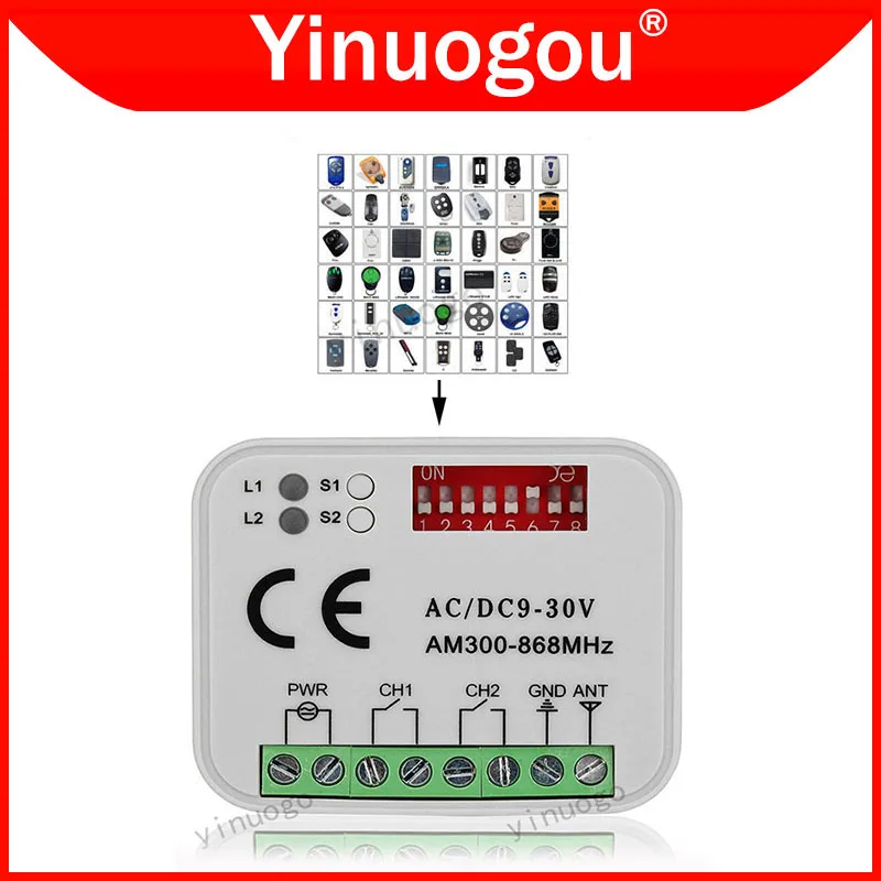 Mando a distancia para puerta de garaje, receptor RX MULTI 300-868MHz AC/DC 9-30V para puerta y barrera, transmisor inalámbrico, llave Fob