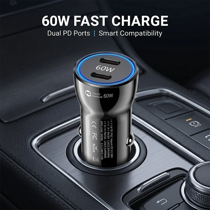 

Dual Port Type C Car Charger 60W PD Fast Charging Vehicle Power Adapter For Smartphone Tablet Dash Cam GPS Stable Secure Fit