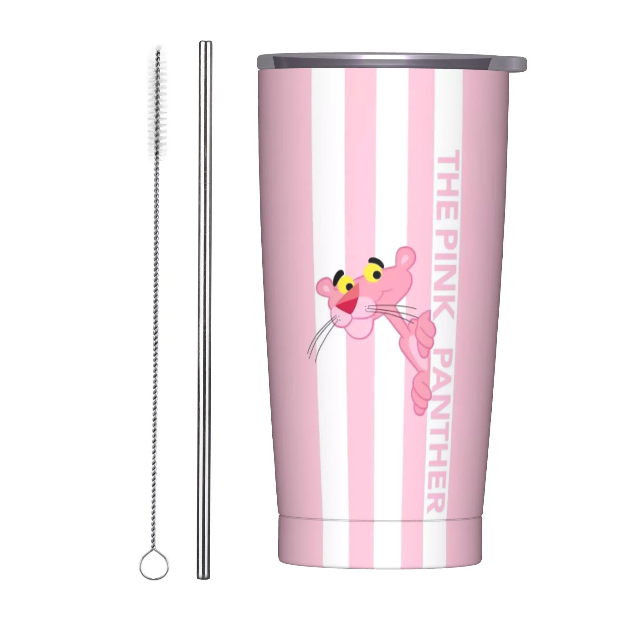 Vaso P-Panther rosa de dibujos animados, tazas de café pantera con aislamiento al vacío con tapa, tazón de agua para viaje al aire libre con pajita