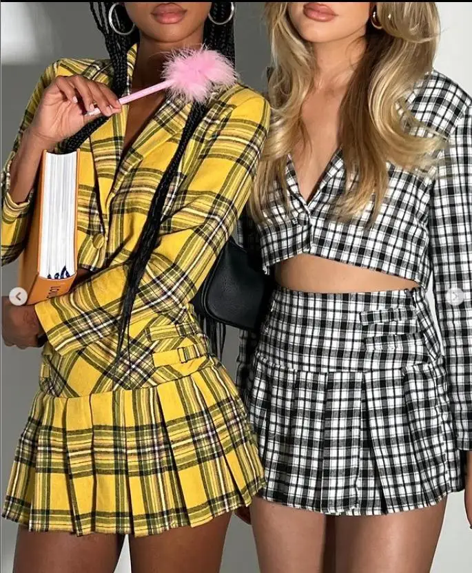 Women Autumn Academic Style 2 PCS Outfit Sets Long Sleeve Lapel V Cut Crop Tops + A-line Plaid Pleated Skirt Suit