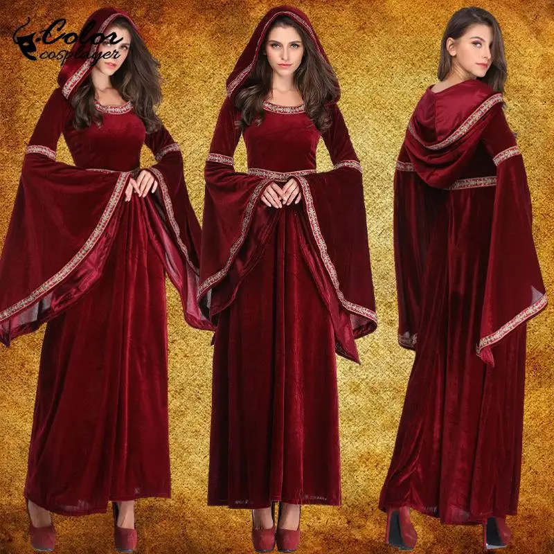 Color Cospalyer Red Medieval Dress Long Robe Noble Princess Cosplay Costume Hooded Gown Halloween Stage Performance Clothing - Detail 1
