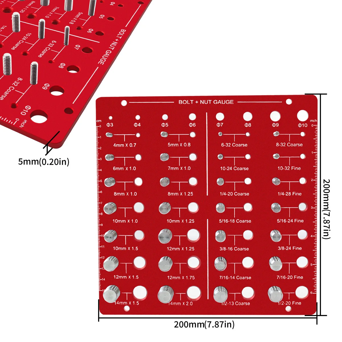Nut and Bolt Thread Checker- 28 Bolt Size and Thread Identifier Gauge and 8 Size Aperture Gauge - Measuring Identifier Tool