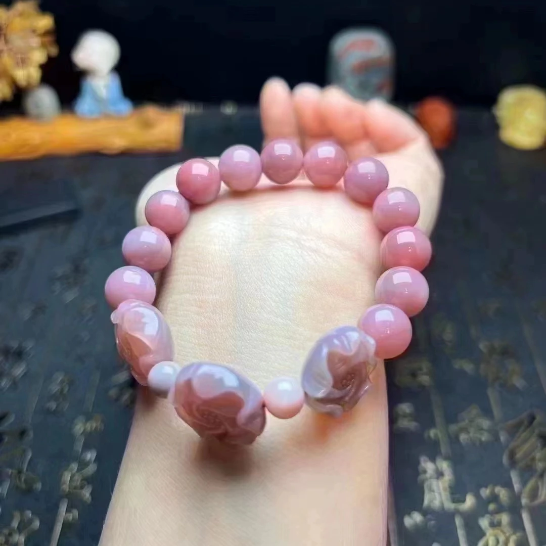 

10mm Beads Rosary Amulet Bangle Natural Agate Bead Jadeite Bracelets Carven Peony Ornament