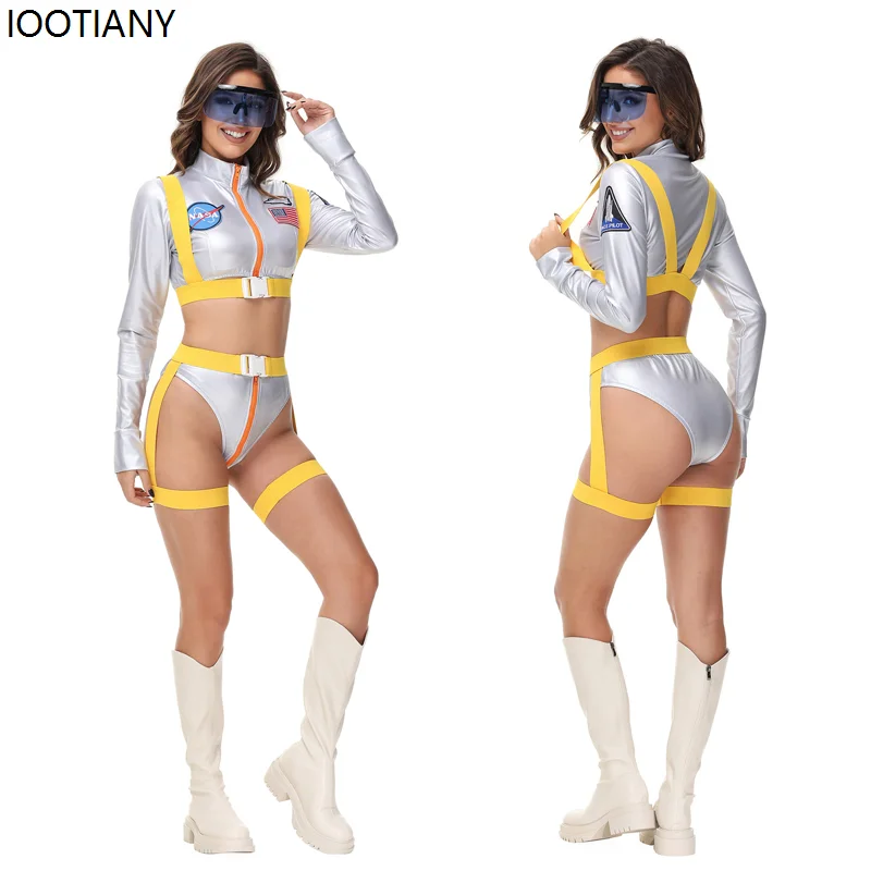 Astronaut Costume Adult Silver Astronaut Shorts Tights Costume Role Play Female Space Suit Party Dress Up Jumpsuit Robot Uniform