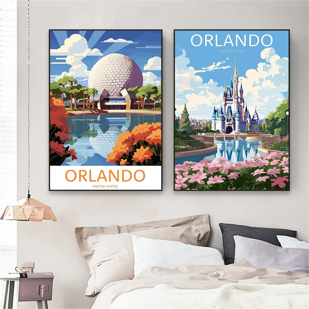 Disney Orlando Theme Park Travel Poster Orlando Travel Print Colorful Retro Travel Landscape Canvas Painting Reading Room Decor