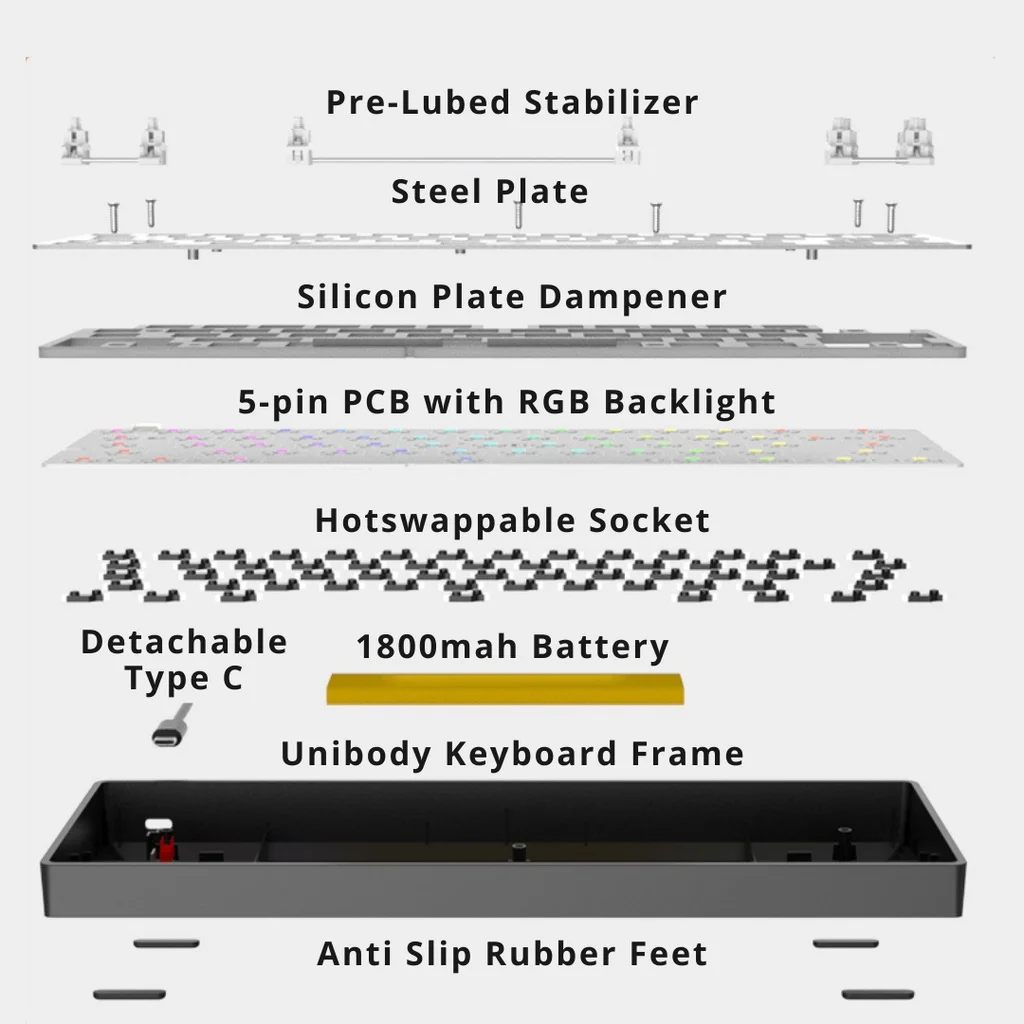 DK68-Kit de teclado mecánico 65%, dispositivo de intercambio en caliente, RGB, trimodo, 2,4 Ghz, Bluetooth, tipo C, silicona, disponible