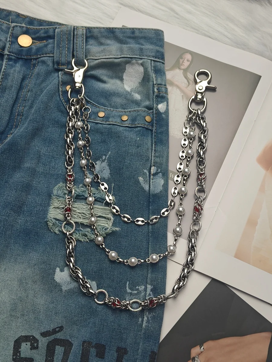 Y2K Gothic Dreischichtige Hosenkette, Edelstahl Perle Roter Strass, Unisex Geldbörsenkette Süßes Cooles Street-Accessoire – Detail 5