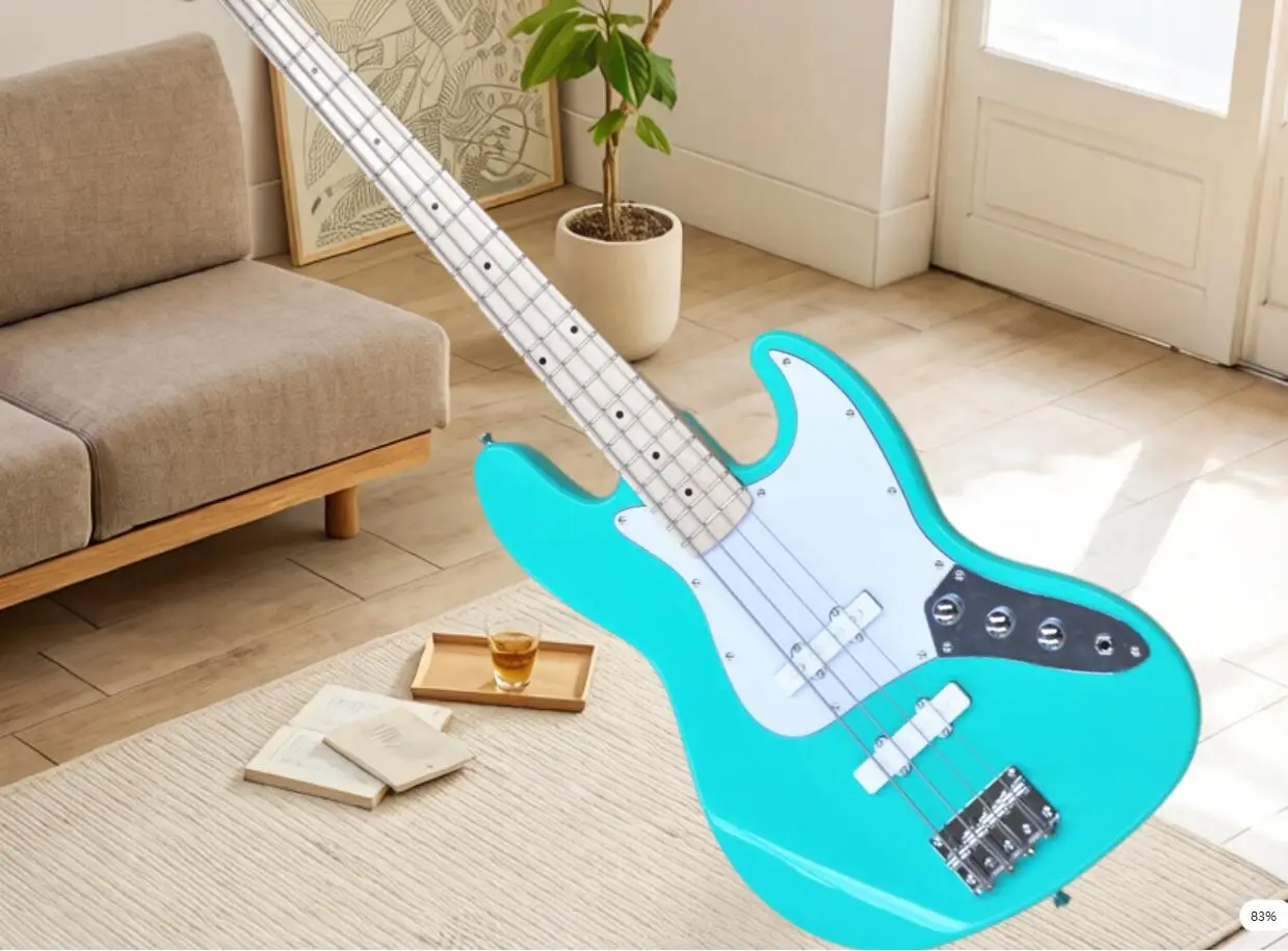 4 strings bass guitar,green bass, solid wood body, maple neck, white pickups, whiteboard, fixed bridge, customizable