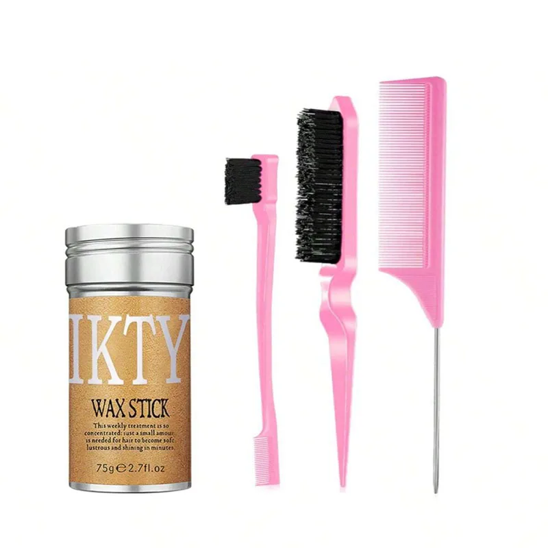 4 Pcs Set (1Wax+3Brushs)Wax Stick for Hair, Pomade Long-Lasting Wax, Smoothing & Slick Stick for Wigs, Styling Waxes for Fly Awa