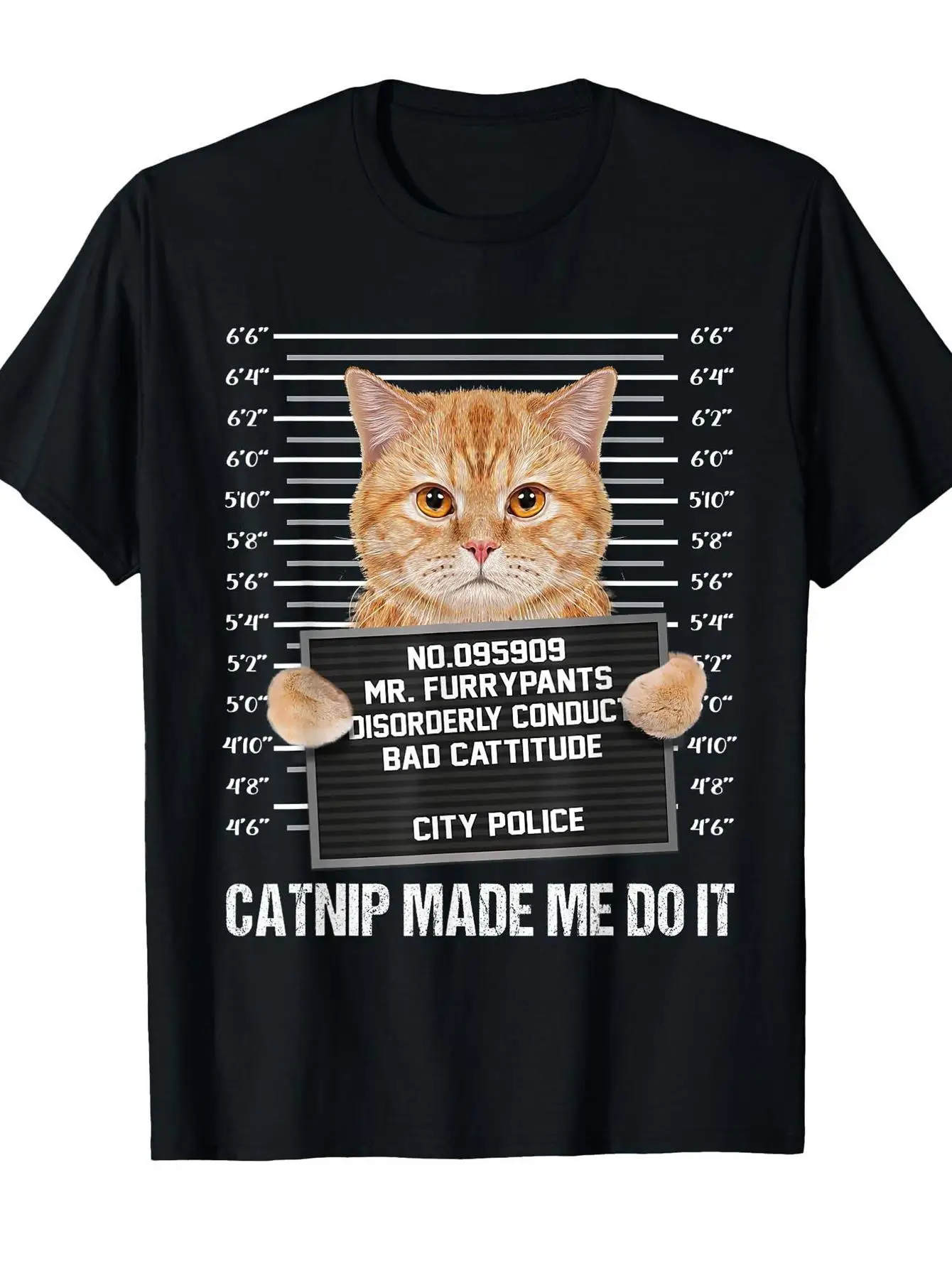 Men' Funny Cat Mugshot T-Shirt - Mr. Fuzzypants Police Humor  Bad Cattitude Design with Orange Tabby Graphic - Soft Stretchy Knit Fabric Short Sleeve Round Neck Tee Suitable for Women  Men, Casual Pet Lover Apparel