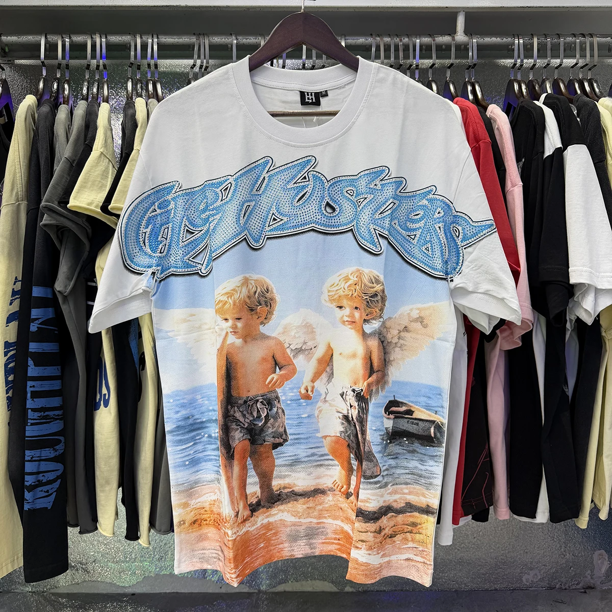 Kid Angel Shinning Diamond Cotton Short Sleeve Tshirts for Men and Women Crew Neck Loose Summer T-shirt Oversized Tees