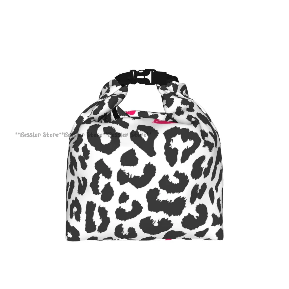 Roll Top Insulated Lunch Bag Leopard Texture With Kiss Thermal Food Storage Bag Portable Bento Handbag for Daily Use
