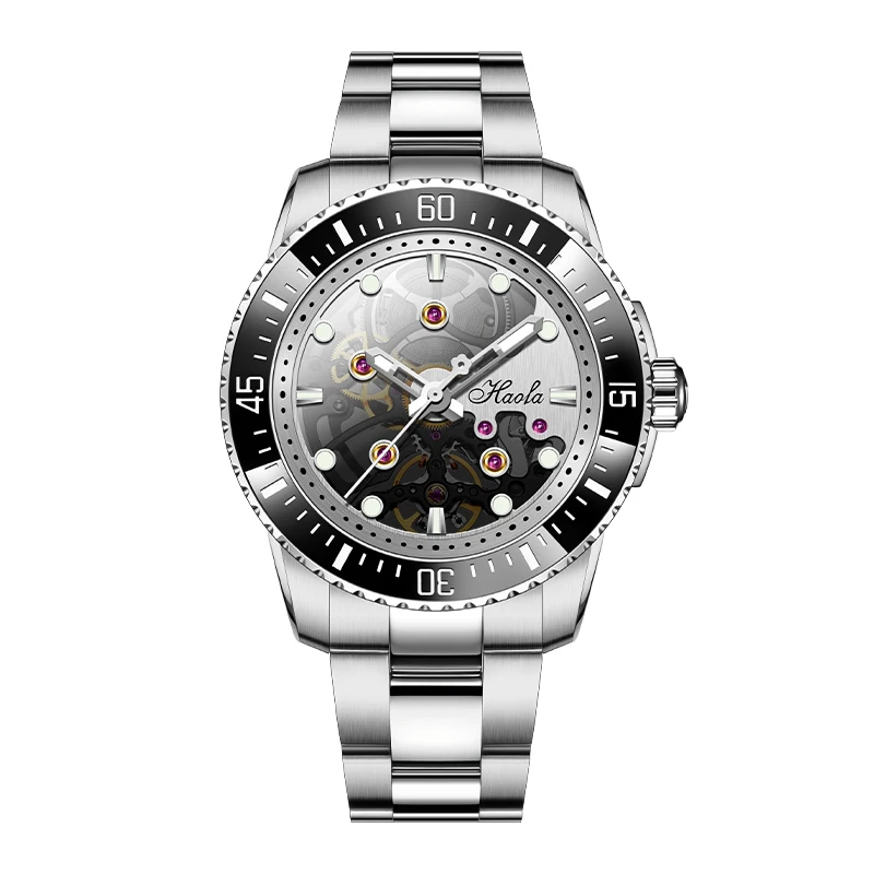 Haofa Automatic Mechanical Watch For Men Luminous Stainless Steel Waterproof Mens Watch Luxury Sapphire Skeleton Ceramic Bezel