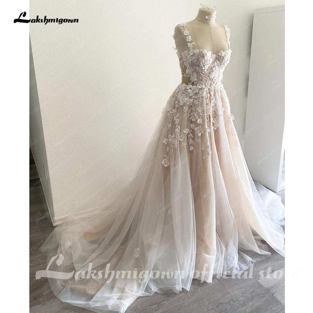 Lakshmigown Abiti da sposa champagne chiaro Fiori 3D Senza spalline Una linea Abito da sposa Abiti da sposa personalizzati da spiaggia