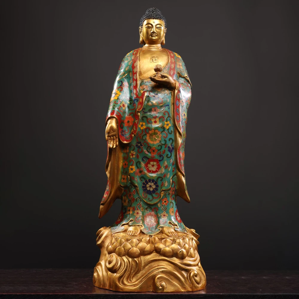 Antique Copper Cloisonne Enamel Shakyamuni Buddha Statue Serene Face Fine Craftsmanship Home Decor