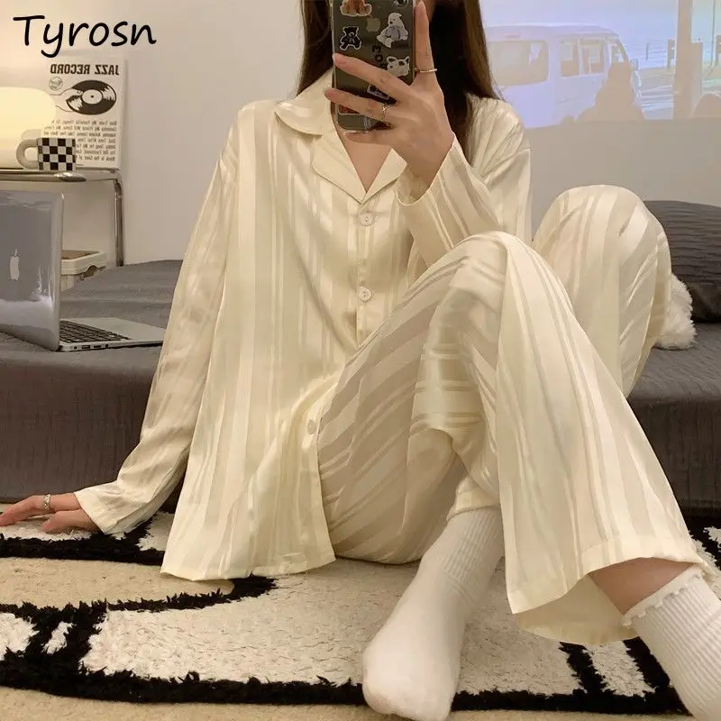 

Pajama Sets Women Striped Simple Students Spring Leisure Loose Elegant Turn-down Collar Cozy Lounge Wear Korean Style Thin Daily