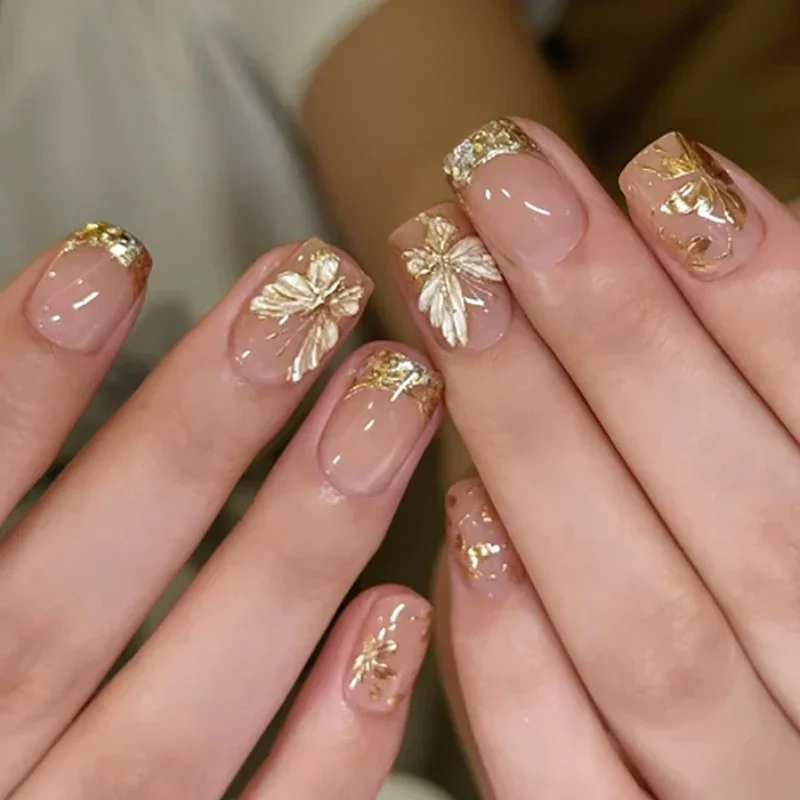 24 Uds. De lentejuelas en polvo degradado blanco y rosa coreano, flor azul fresca, Flash Nail Art, uñas postizas, uñas postizas con gradiente