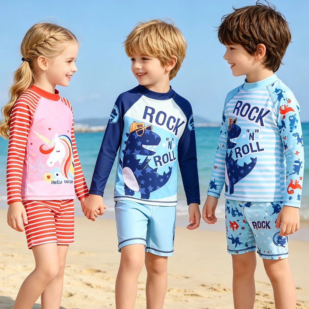 Children Surfing Suit Boys 2 to 3 4 5 6 7 8 9 10 11 Years Kids Swimming Suits Girls Spf 50+ Long Sleeves Stripe Swim Tops+Trunks