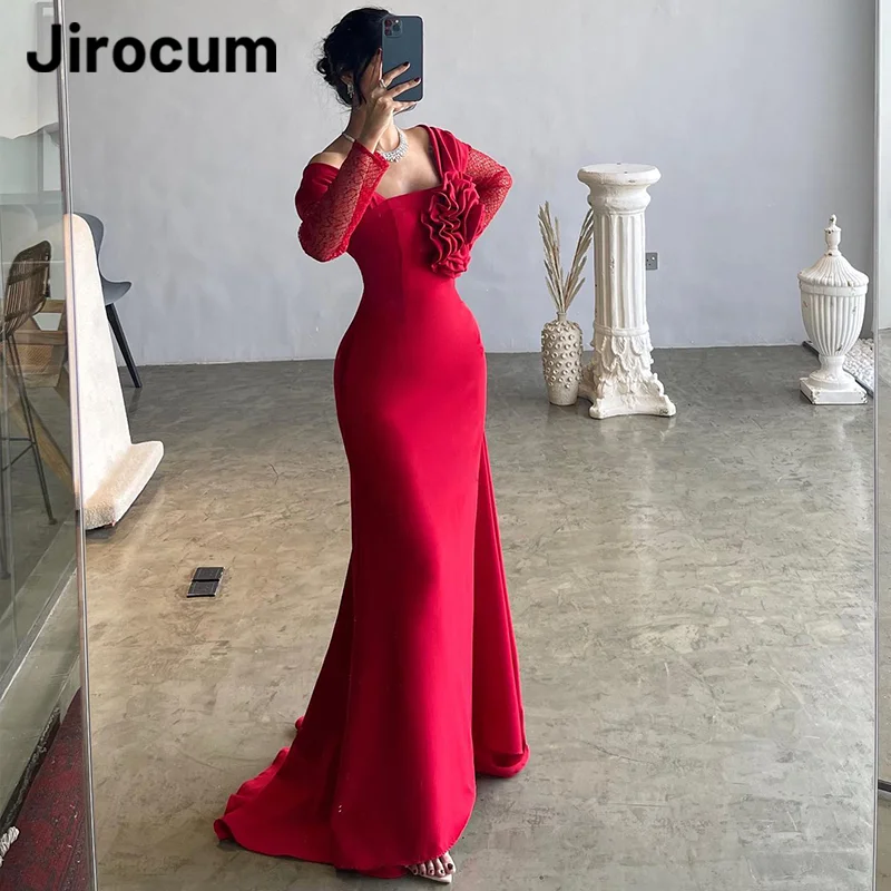 Jirocum Red Mermaid Evening Gown Women\'s Floral Long Sleeve Party Prom Dress Floor Length Off Shoulder Formal Occasion Dresses