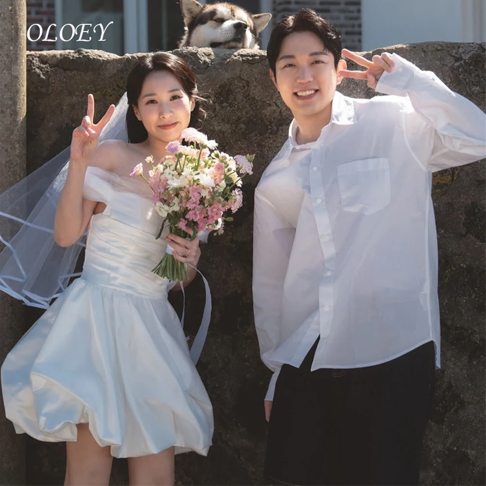 

OLOEY Mini Short Wedding Party Dresses Korea Photo shoot Off Shoulder Sleeves Satin Bride Gowns Pleats Formal Party Customized