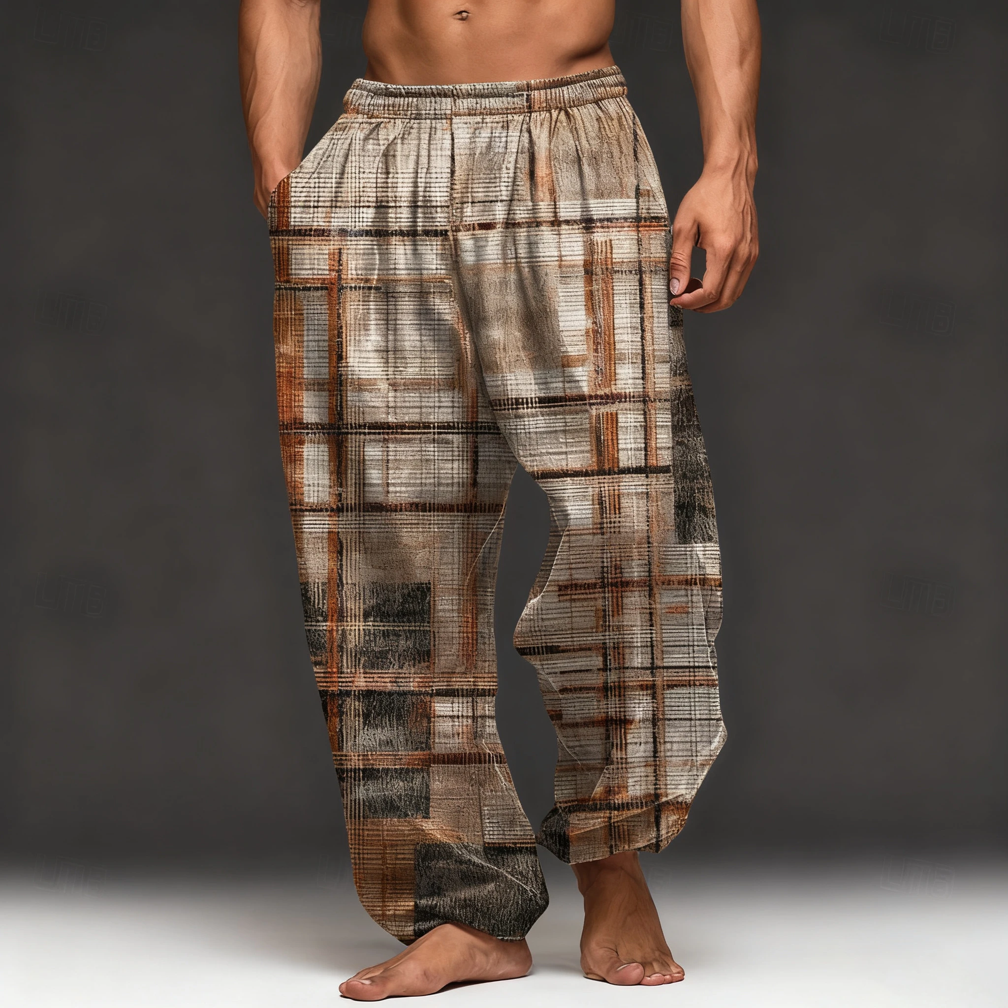 

2025 Fall Men's Color Block Patchwork 3d Print Pants Trousers Home Pajama Pants Elastic Waist Casual Home Trousers Home Clothing