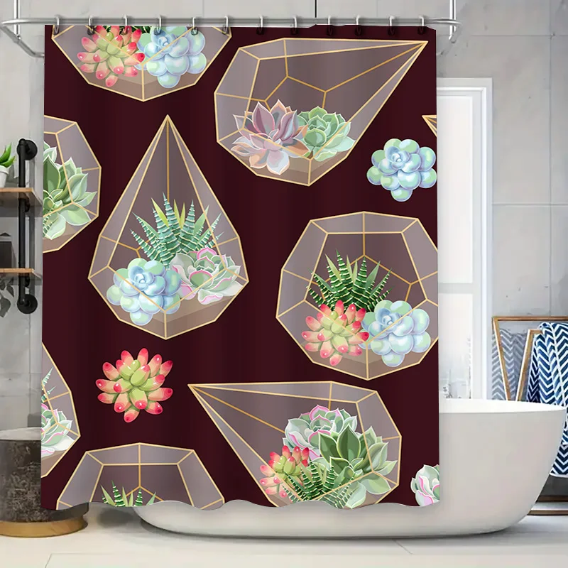 

Модная занавеска для душа с геометрическим суккулентом, современный декор с принтом для ванной комнаты, водонепроницаемая ткань с набором колец с крючками, различные C