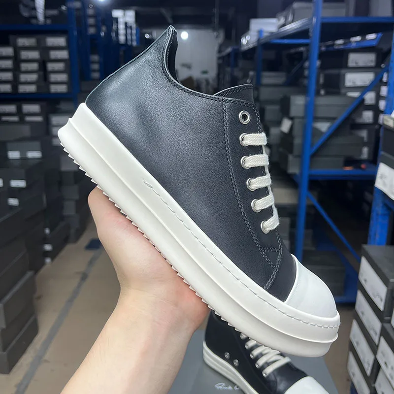 

Brand Men Shoes Real Leather Low Top Women Sneaker Classic Quality Round Black Lace Up Designer Luxury Thick-sole Casual Flats