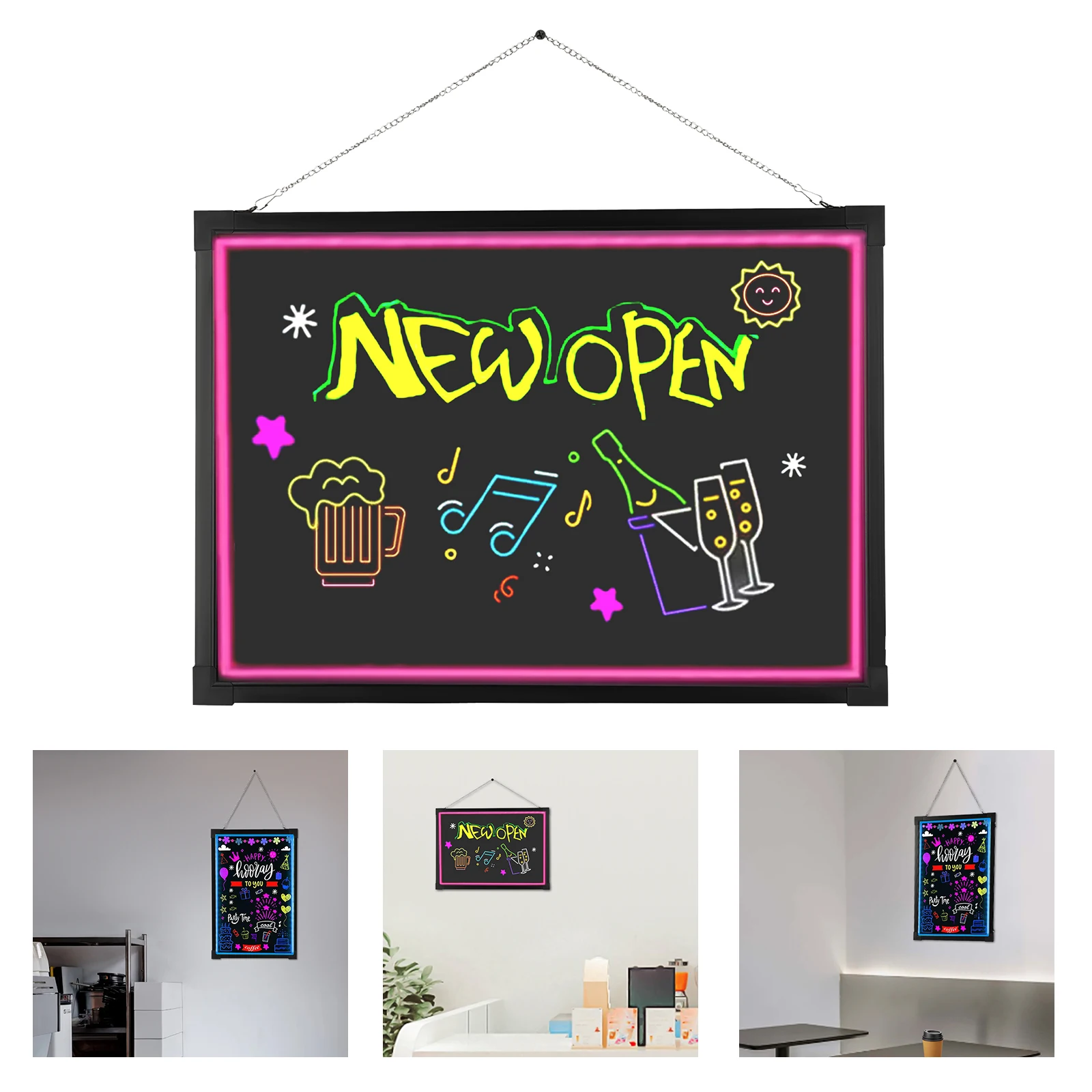 Illuminated LED Billboard, Erasable Neon Effect Message Board, Hangable Signboard Menu Board with 8 Highlighters, Remote Control