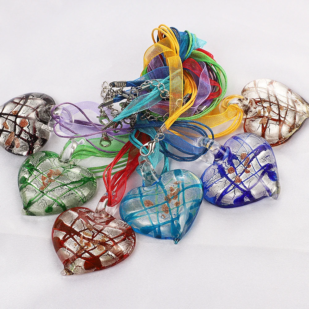 الجملة 6 قطع Gandmade مورانو Lampwork الزجاج مختلط اللون شريط القلب قلادة الفضة P الساخن مجوهرات هدية Necl0114