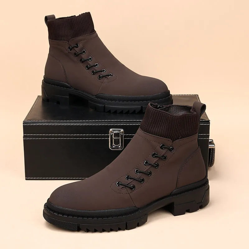 mens fashion party banquet cowboy boots natural leather shoes platform warm cotton winter snow boot ankle botas masculina zapato