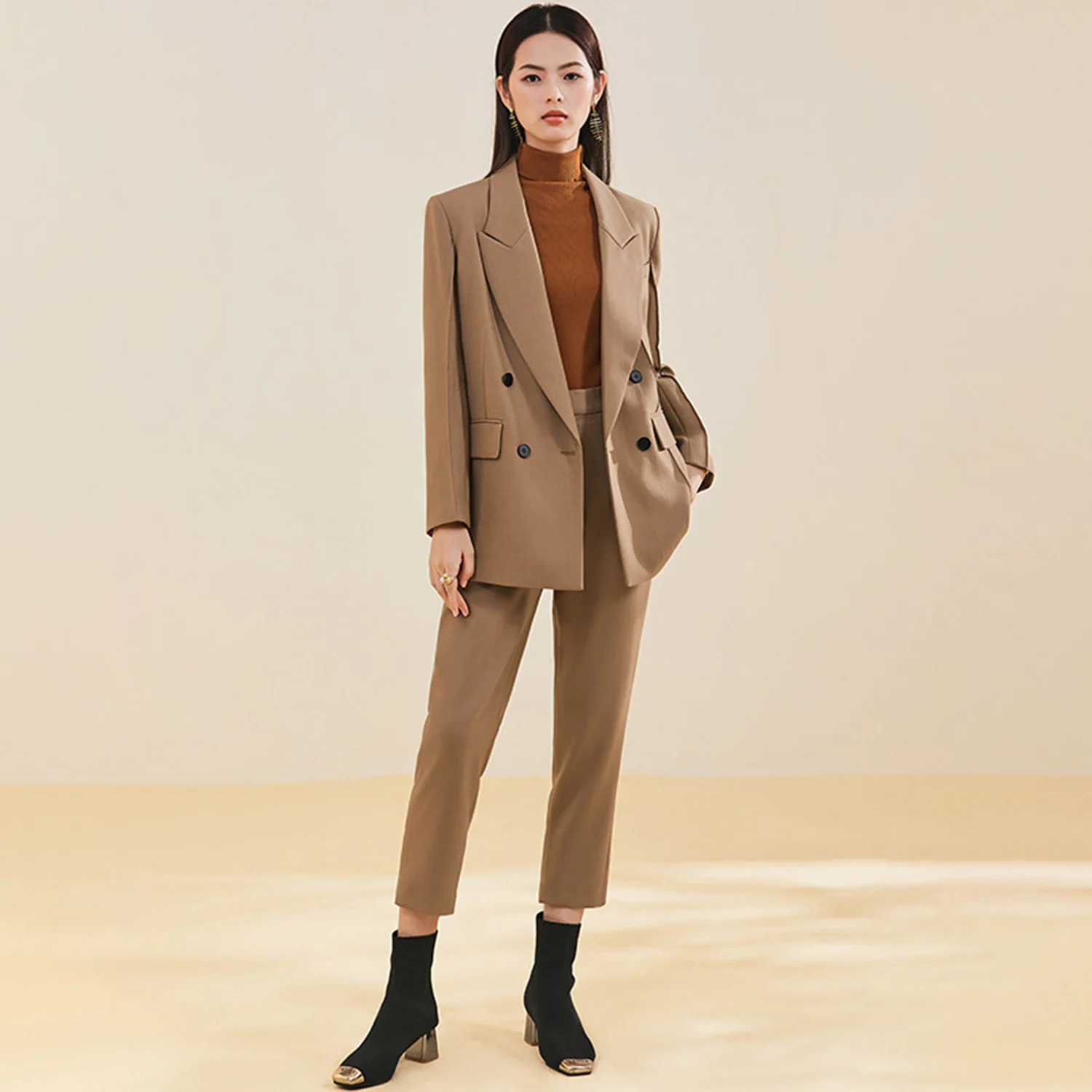 Allingentle Women's Suit Slim Fit Business Pantsuit 2 Piece Suit Double-Breasted Blazer Trousers for Casual Office Customize